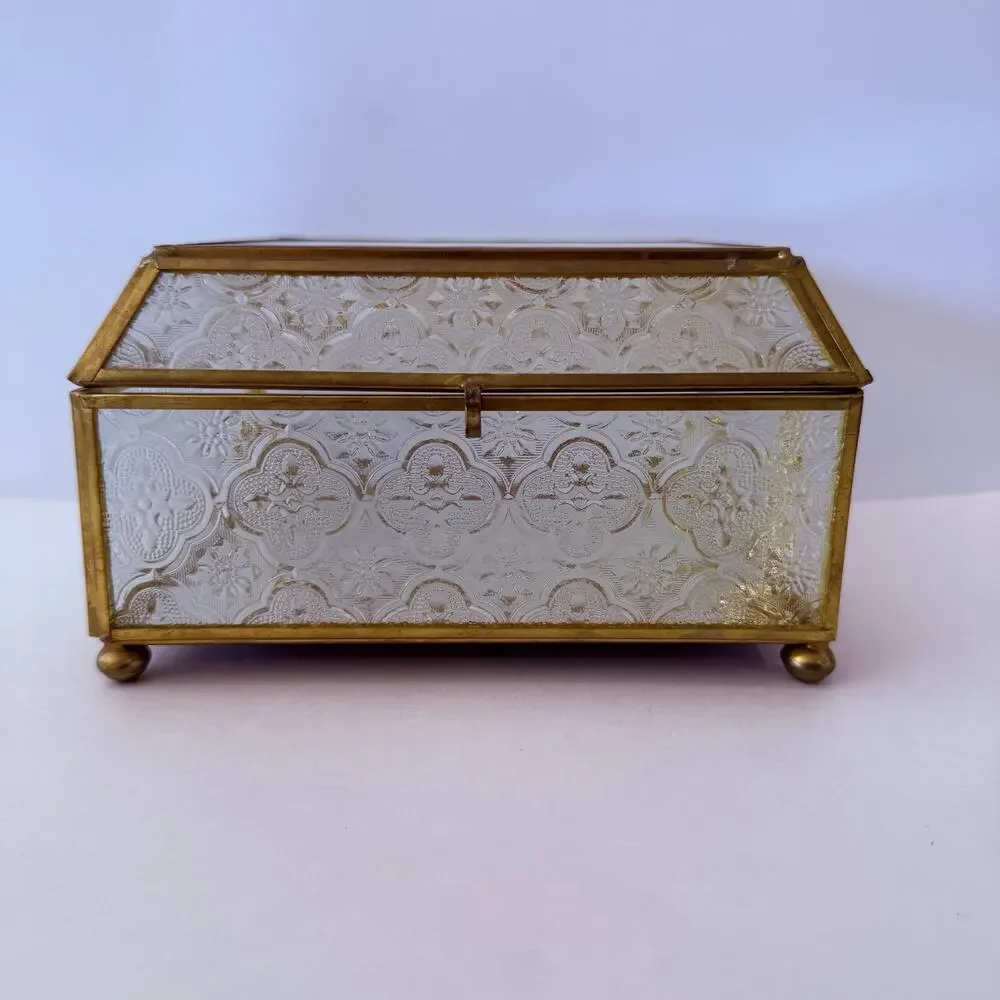 Vintage Brass Glass Box Mirror Floral Textured Side Footed Chain Latch 7 x 6 x 4